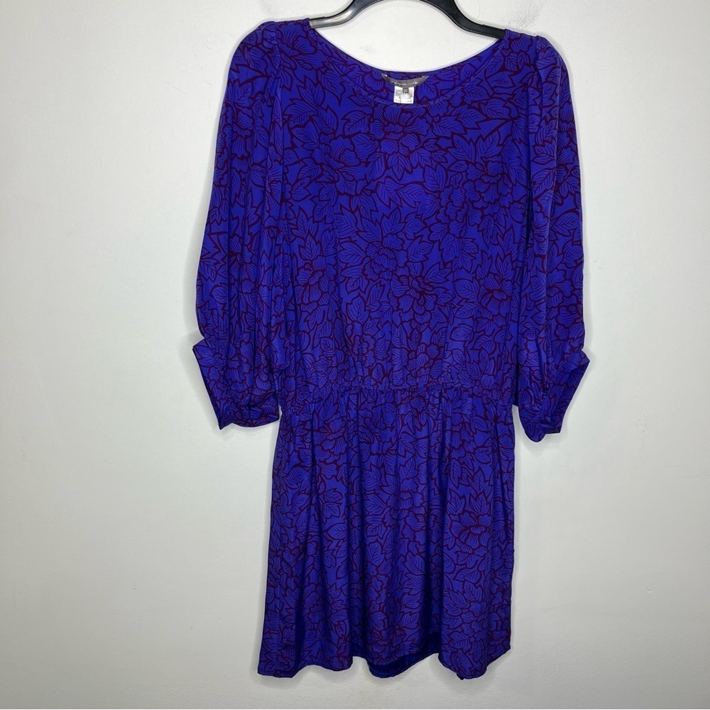 Pippa 100% silk dress batwing sleeves purple floral leaf‎ pattern new size 12